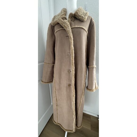 Utex Design Women's Penny Lane Long Coat Large Tan Faux Suede & Fur Boho 70s Y2K - Picture 1 of 13